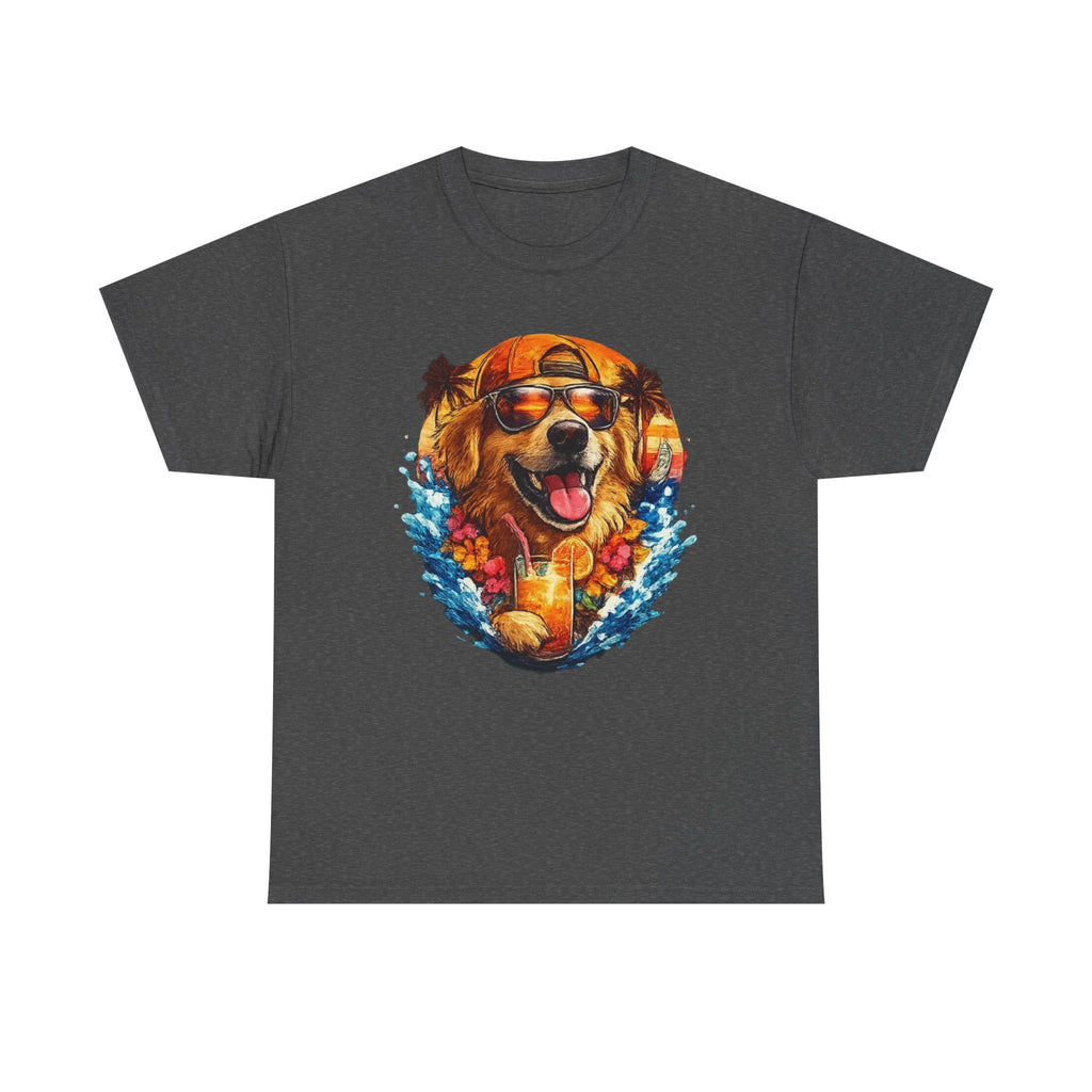 Golden Retriever Surf Dog T‑Shirt — Tropical Hawaiian Vibe, Sunglasses & Lei Graphic