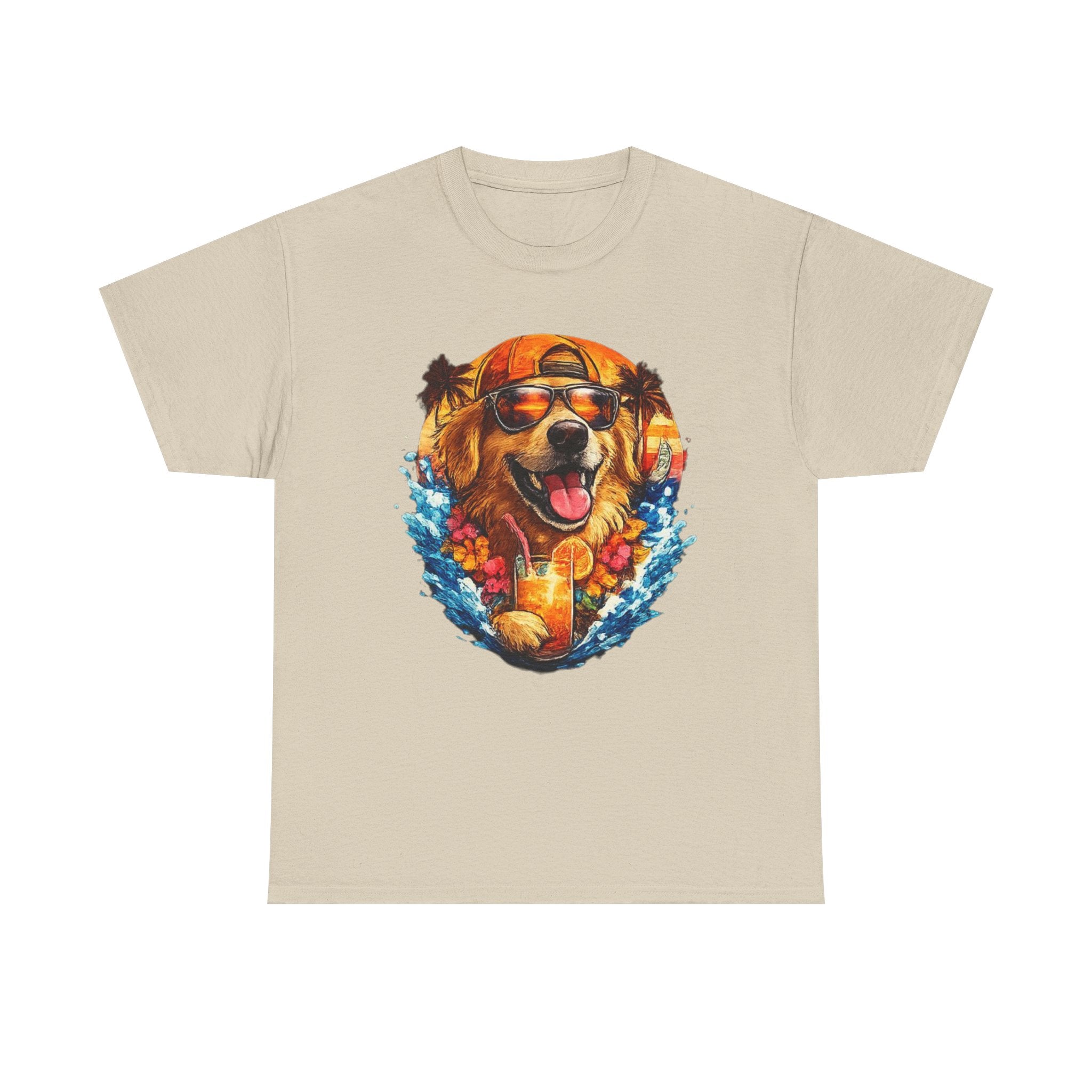 Golden Retriever Surf Dog T‑Shirt — Tropical Hawaiian Vibe, Sunglasses & Lei Graphic