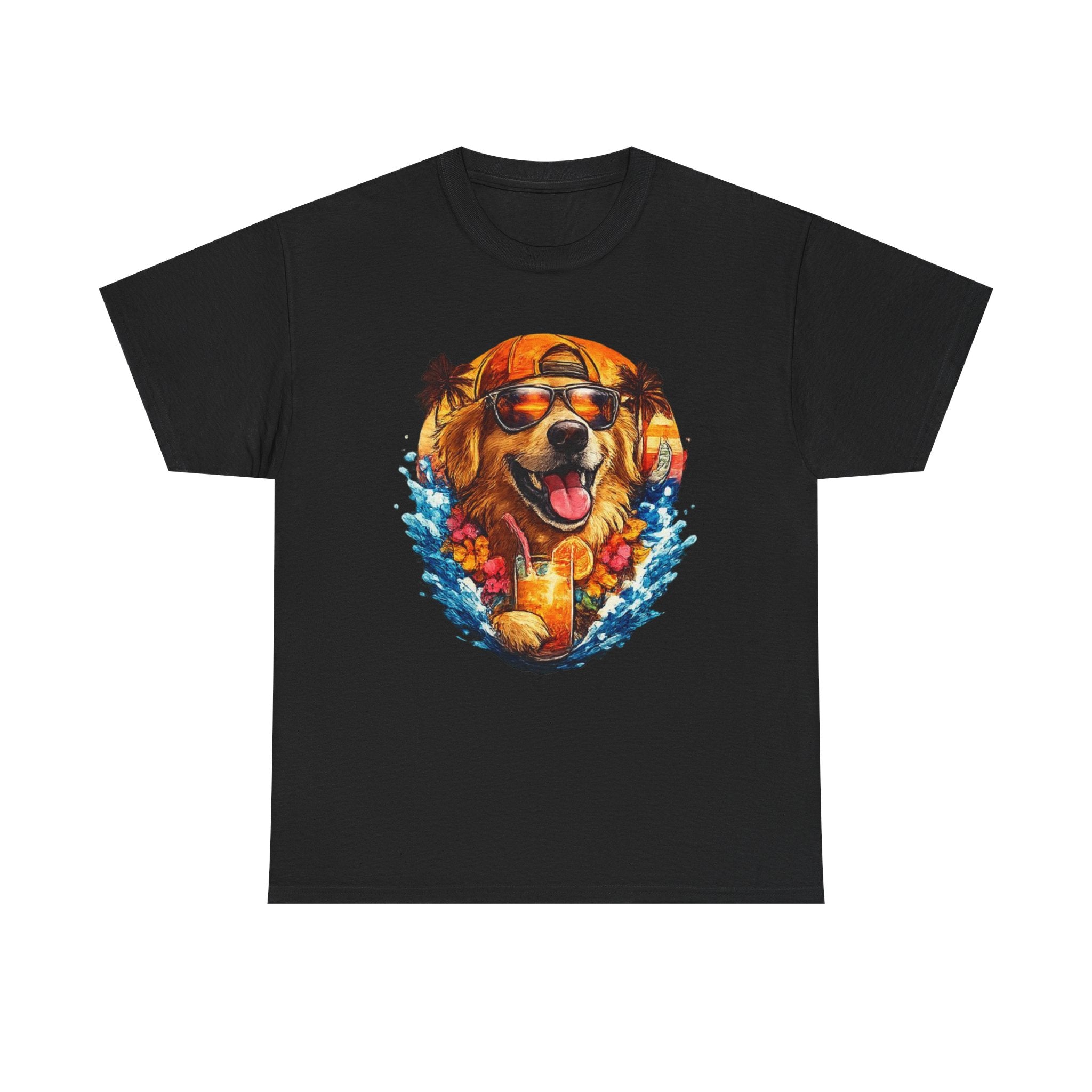 Golden Retriever Surf Dog T‑Shirt — Tropical Hawaiian Vibe, Sunglasses & Lei Graphic