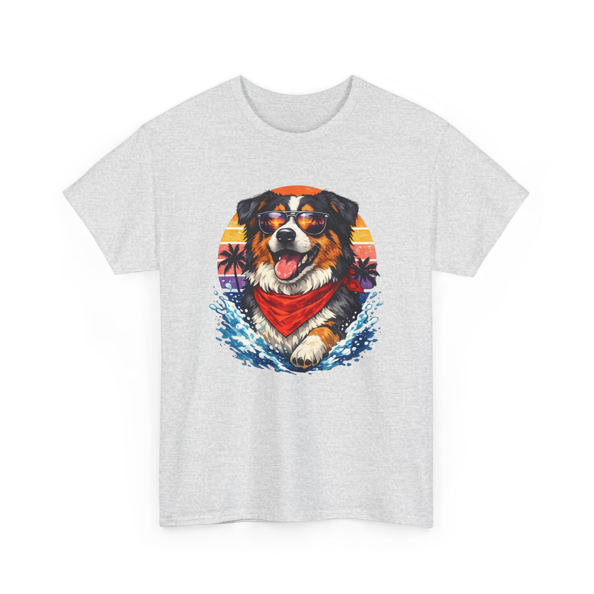 Surfing Dog T‑Shirt — Happy Aussie with Sunset & Waves