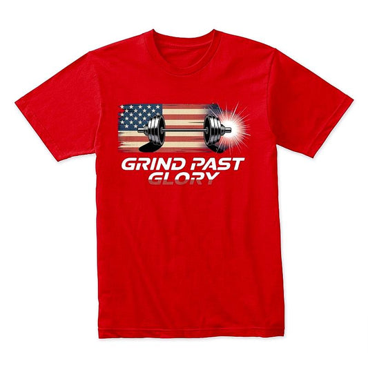 Grind Past Glory T-Shirt – Patriotic Gym Workout Tee with American Flag & Barbell